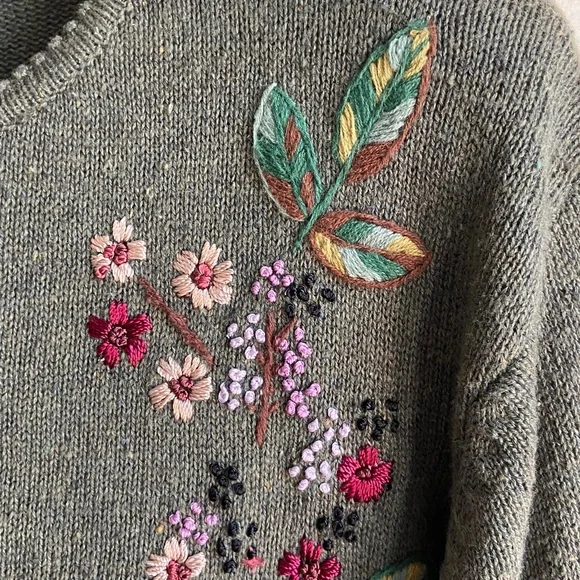 Vintage Tiara Green/Gray Floral Embroidered Cotton/Ramie Cardigan PL - Picture 5 of 14